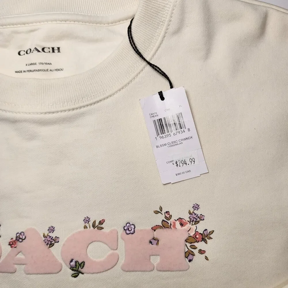 NWT Coach CAH70 Woman Spring Blossom Print Classic Crewneck Sweatshirt Cream XL